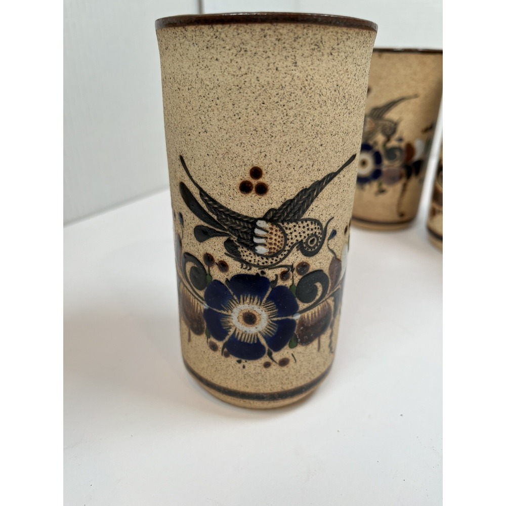 Tonala Pottery Cups Painted Blue Flowers Bird Stone Ware Lot Of 5 Netzi Mexico - Picture 7 of 16